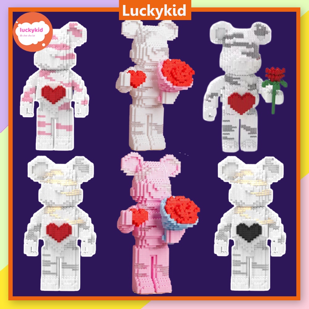 Mô hình lắp ráp gấu bearbrick ôm hoa lắp ghép xếp hình gấu bearbrick có đèn và ngăn đựng Luckykid
