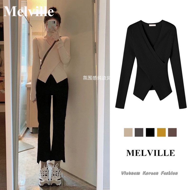 【MELVILLE】Áo thun tay dài dệt kim dáng ôm thời trang Hàn Quốc cho nữ, Áo len cổ chữ V 5 màu