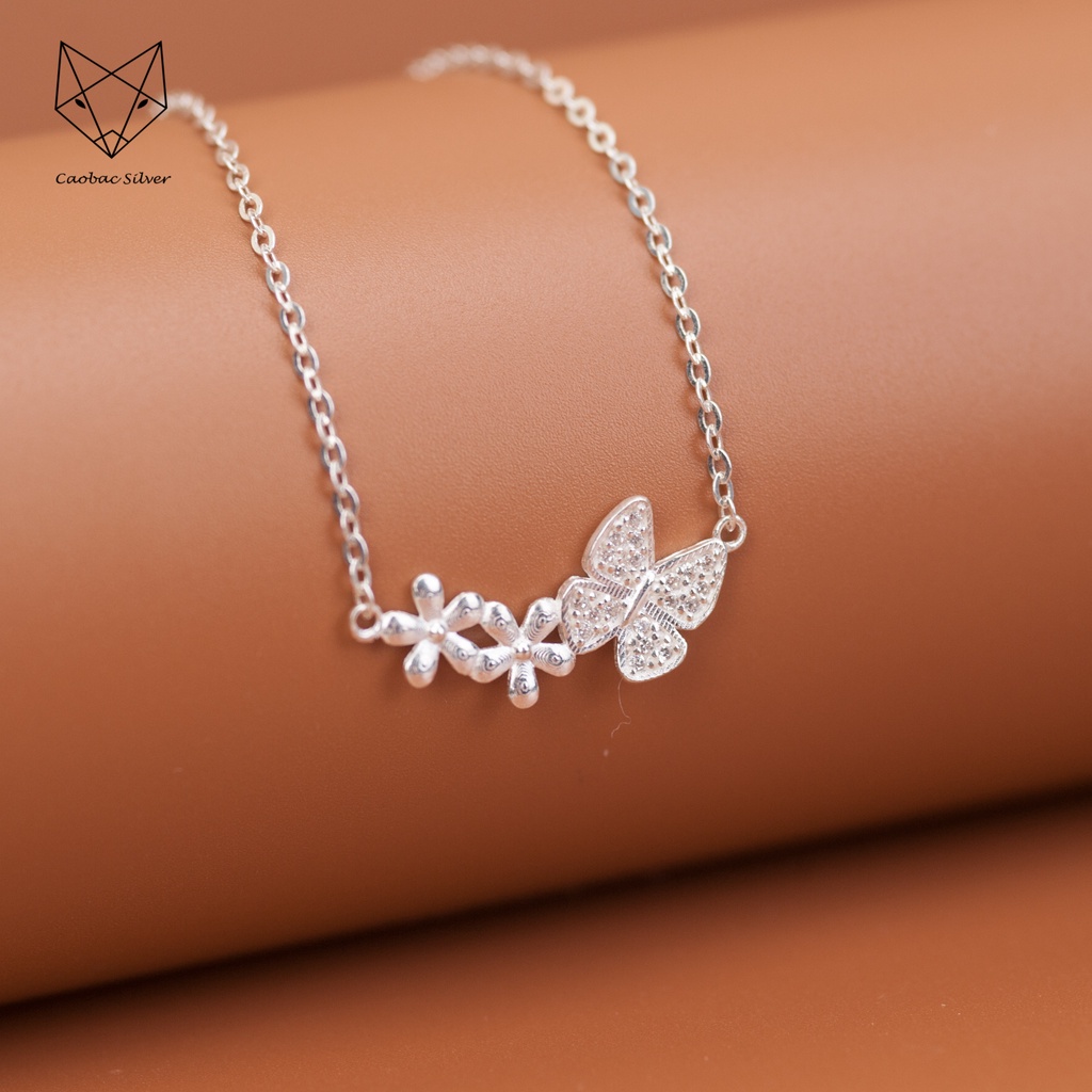 Dây Chuyền Bạc Ta Cao Cấp CaoBac Silver Hoạ Tiết Hai Hoa Cánh Buom Đơn Giản Mới Lạ, Dễ Thương Làm Quà Tặng Bạn Gái