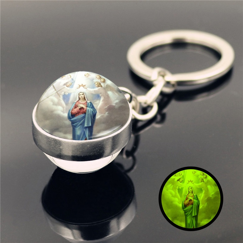 Móc Khóa Quả Cầu Thủy Tinh Cabochon Hai Mặt Phát Sáng Trong Bóng Tối In Hình Chúa Jesus