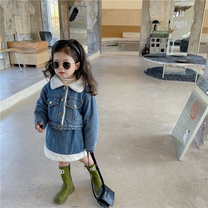 Áo Khoác Denim Lót Lông Cừu Dày Dặn Giữ Ấm Phong Cách Hàn Quốc Thời Trang Mùa Đông Cho Bé Gái