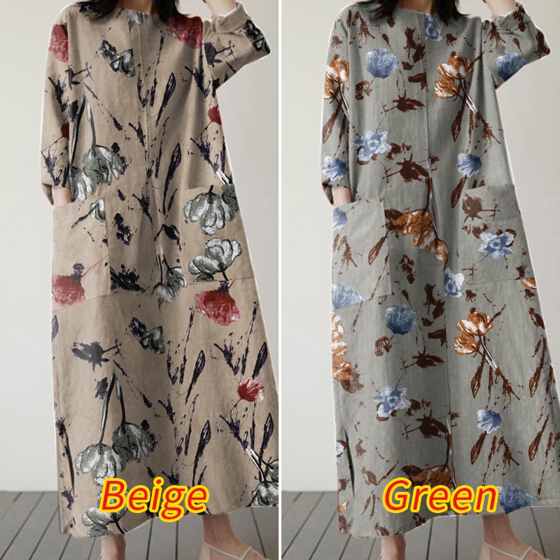 Đầm ZANZEA maxi tay lửng cổ chữ o họa tiết hoa thời trang cho nữ