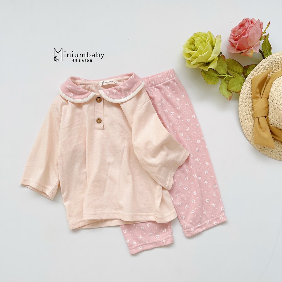 Bộ đồ cộc tay quần lửng cổ sen xuân hè cho bé gái xinh xắn chất liệu 100% cotton, set quần áo trẻ em MiniumBaby-SB1341