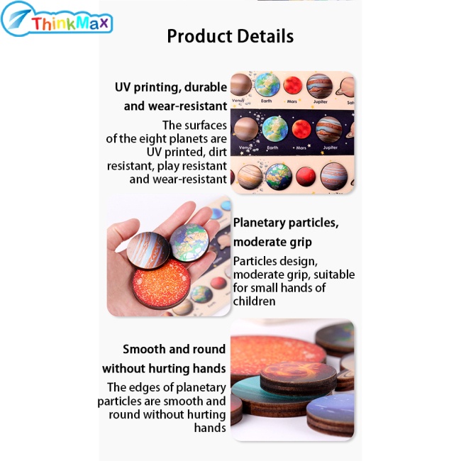 Thinkmax!!Đồ chơi xếp hình bằng gỗ tám hành tinh cho trẻ em/Trò chơi ghép hình hệ thống năng lượng mặt trời/Đồ chơi giáo dục sớm