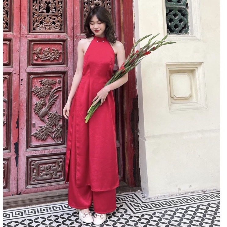Áo Dài Cổ Yếm Cách Tân, Áo Dài Đỏ Đính Nút Form Dáng Rộng Rãi Đủ Size Sang Trọng Quý Phái Cho Bạn Nữ.