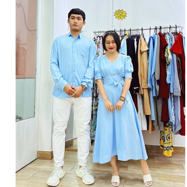 Đồ đôi nam nữ cao cấp gồm váy và áo sơ mi hình thật shop tự chụp