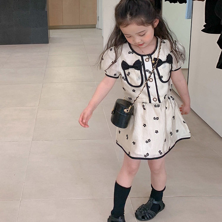 Babyfair. Váy Bé Gái Hai Mảnh Ngắn Tay Phồng Thanh Lịch Dễ Thương Flowy Trẻ Em Quần Áo