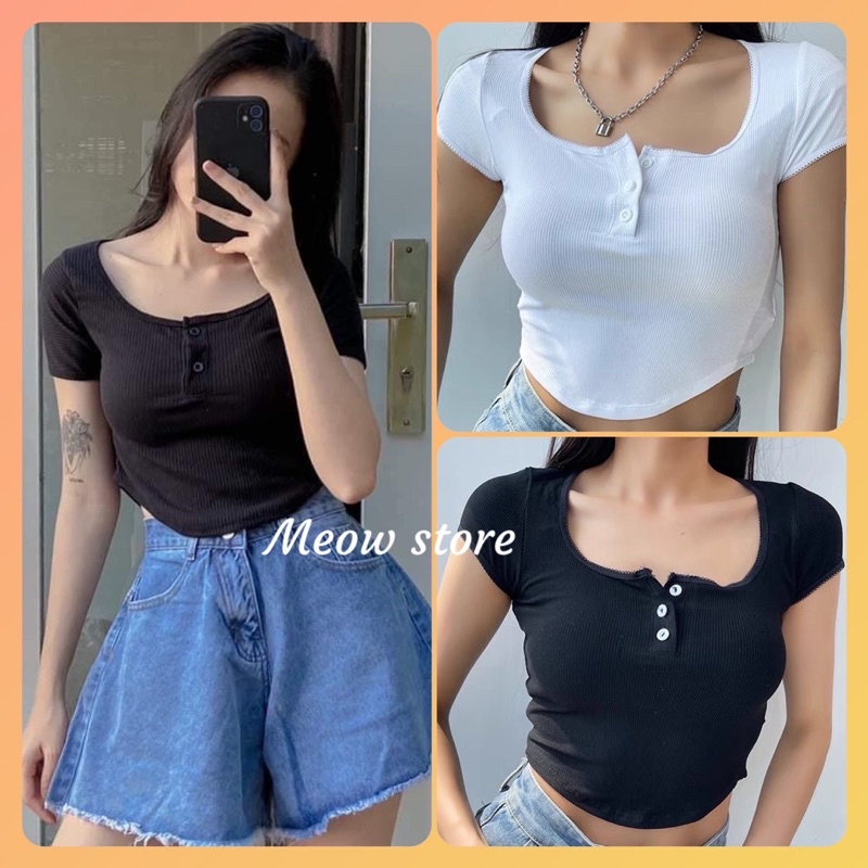 Áo croptop gân ôm vạt bầu cổ vuông cúc cài tay ngắn