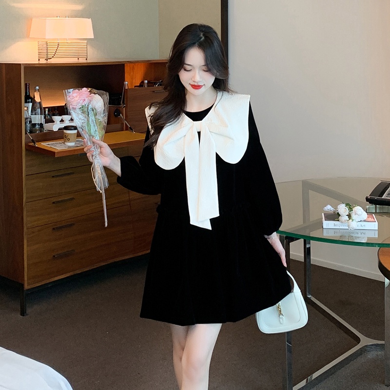 Đầm Nhung Dài Tay Phối Nơ Xinh Xắn Dành Cho Nữ