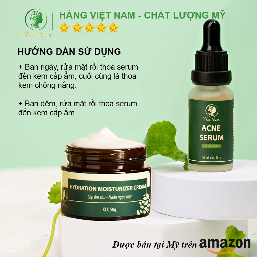 [ Giảm 50K - Đơn 479K ] Bộ đánh bay mụn cứng đầu chuyên sâu Wonmom ( 1 sữa rửa mặt + 1 serum mụn + 1 kem cấp ẩm )