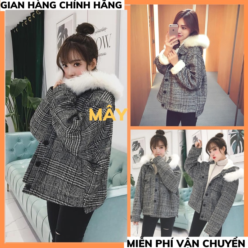 Áo Khoác Lót Lông - Áo dạ 2 lớp lót lông cừu toàn thân, Mũ lông dày dặn, From rộng, Chất dạ kẻ caro Quảng Châu xịn sò