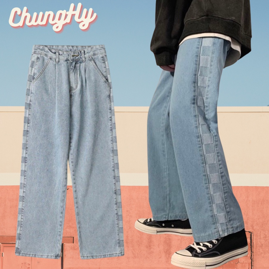 Quần Jeans Nam Sọc Caro Ống Suông Rộng Độc Lạ Hottrend Hàn Quốc 2022