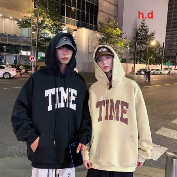 Áo hoodie TIME MŨ 2 LỚP Chất liệu nỉ bôngform thụng nam nữ kiểu dáng unisexcó túi bụng và dây rút mũ mùa đông