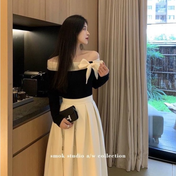 Chân Váy Sếp ly Dáng Dài Kèm Áo Thun Gân Phối Nơ Cổ Tiểu Thư Dự Tiệc Dạo Phố,Sét bộ Nữ Thiết Kế Dáng Xòe Thời trang MP