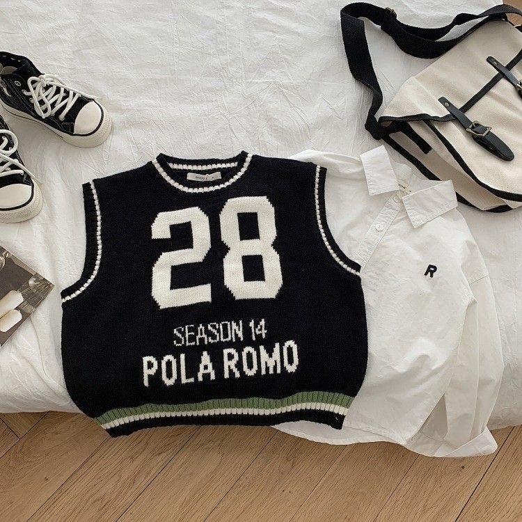 Áo Dệt Kim Sát Nách Cổ Tròn In Chữ Số Thời Trang Thu Đông Cho Bé Trai