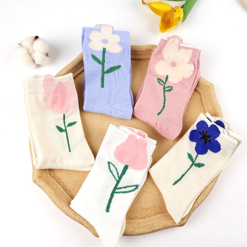 Vớ Cổ Trung Thoáng Khí In Họa Tiết Hoa Tulip Màu Sắc Ngọt Ngào Thời Trang Xuân Thu Cho Nữ