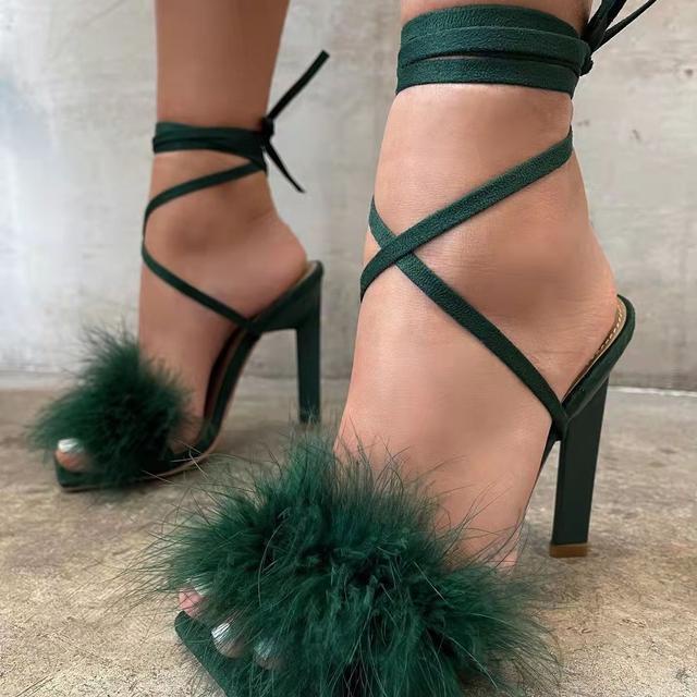 Giày Sandal Cao Gót 11cm Phối Lông Vũ Phong Cách Âu Mỹ 2023