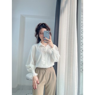 Áo sơ mi trắng cổ đức cúc ngọc tay dài bo chun