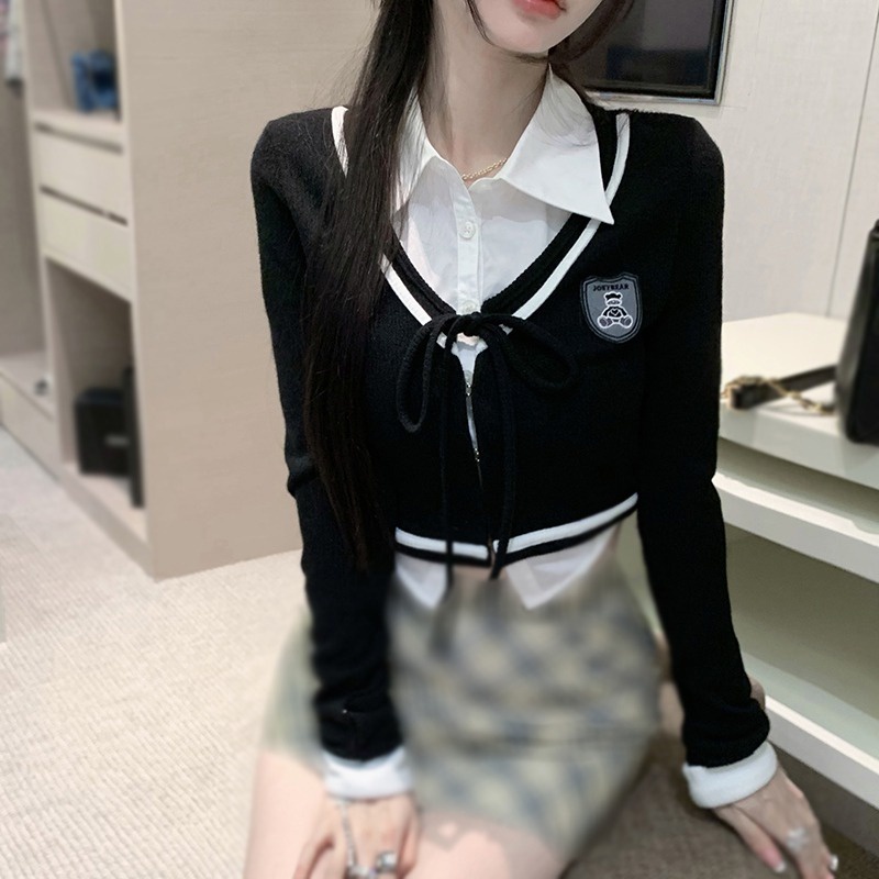 Áo Cardigan Dệt Kim Tay Dài Cổ Tròn Màu Sắc Tương Phản Thời Trang Cho Nữ