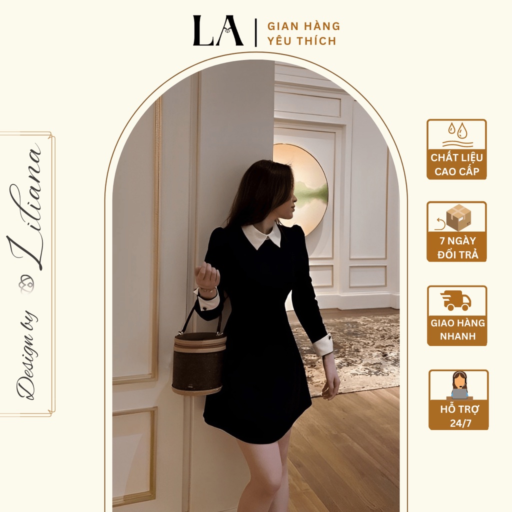 Váy công sở nữ cổ đức chiết eo , đầm dự tiệc, đi làm,váy chữ A tay dài, đầm đen sang chảnh phối cổ trắng liliana clothes
