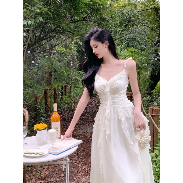 Váy tiểu thư ngọt ngào phối bèo sóng mây thướt tha thời trang nữ kèm feelback khách xinh V2BE