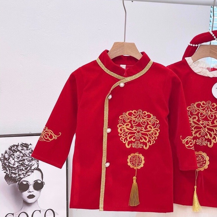 Set Áo Dài Tết Cách Tân Cho Bé Trai Bé Gái WOWKIDS Chất Nhung Lì Thêu Phượng Cho Bé Từ 8 - 28kg