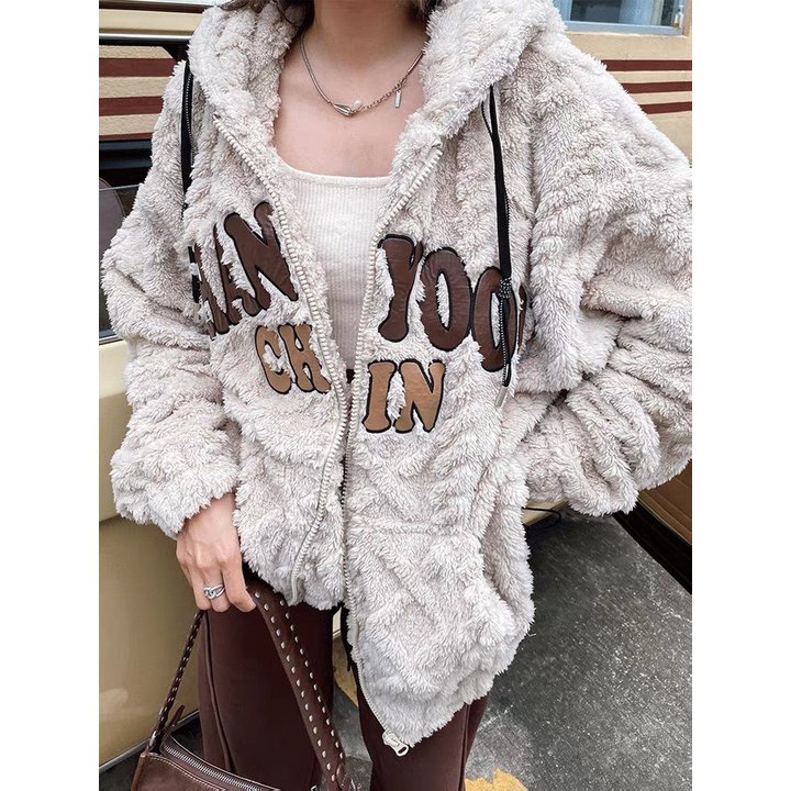 💃 Áo Khoác Lông Unisex CHANJOO Thêu Chữ Dáng Thụng HOT