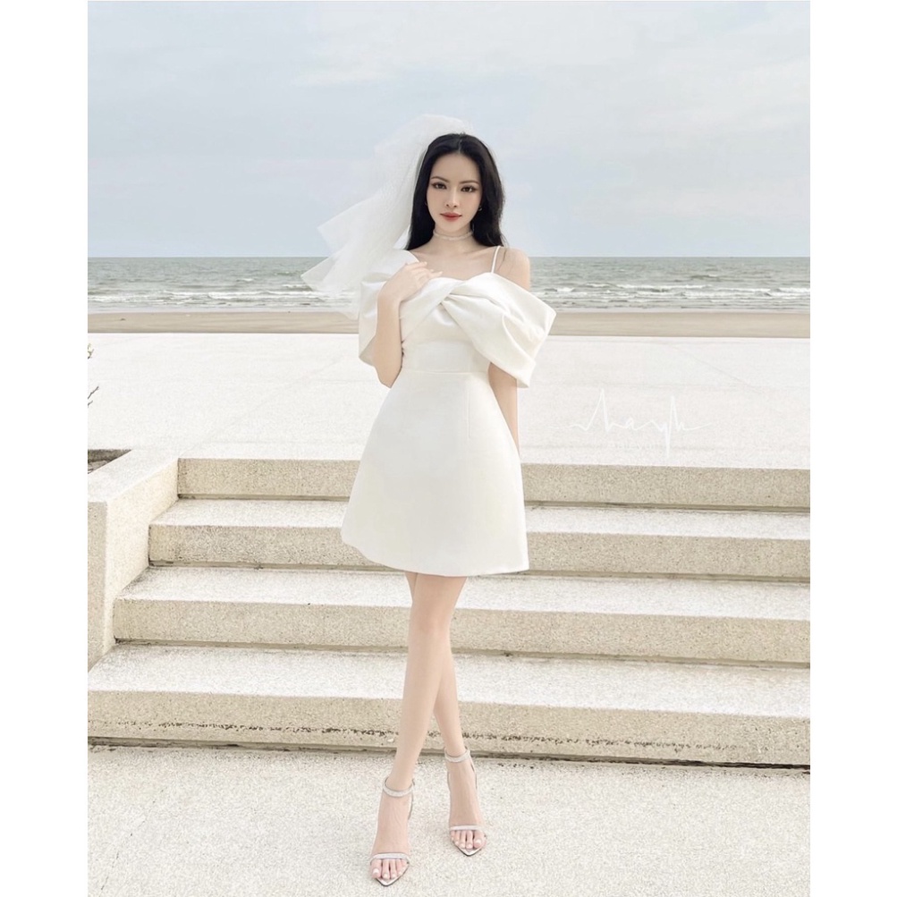 Đầm váy xoè mini trắng trễ vai phối nơ xoắn ngực cúp ngực 2s cao cấp dạ hội dự tiệc đám cưới đi biển bigsize