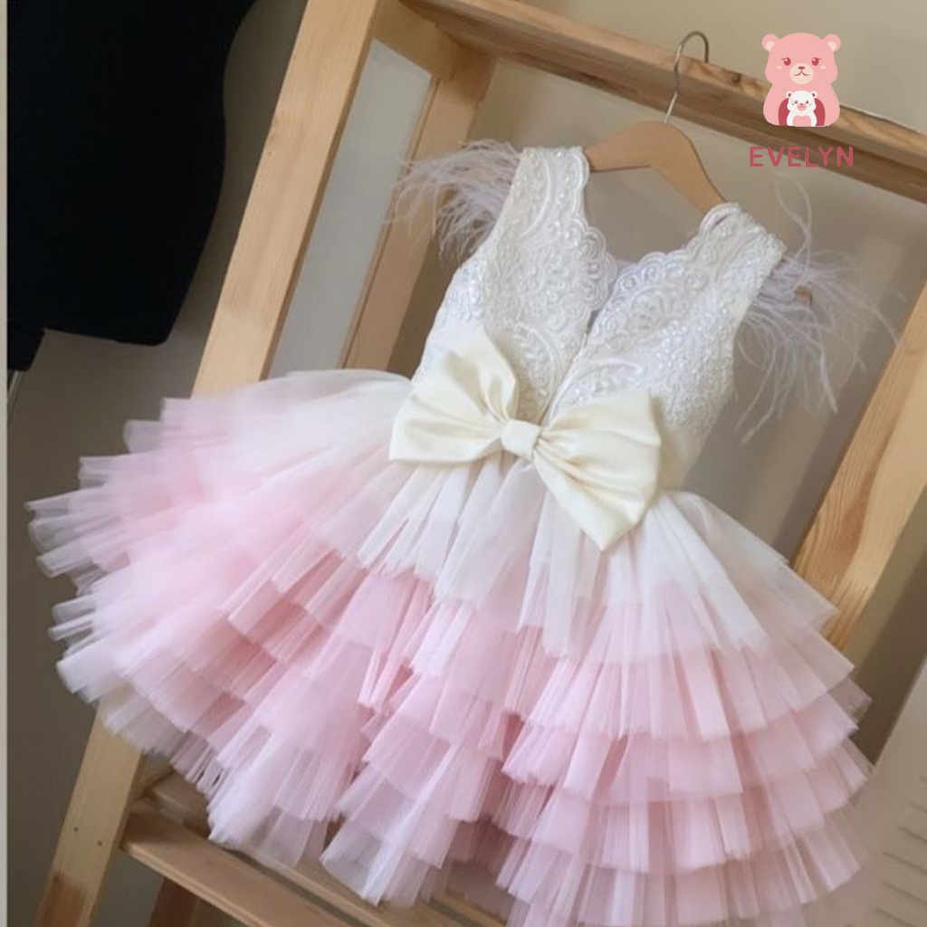 Đầm bé gái xếp ly màu hiệu ứng ombre phối nơ phía sau xẻ chữ V cho bé 0-12 tuổi