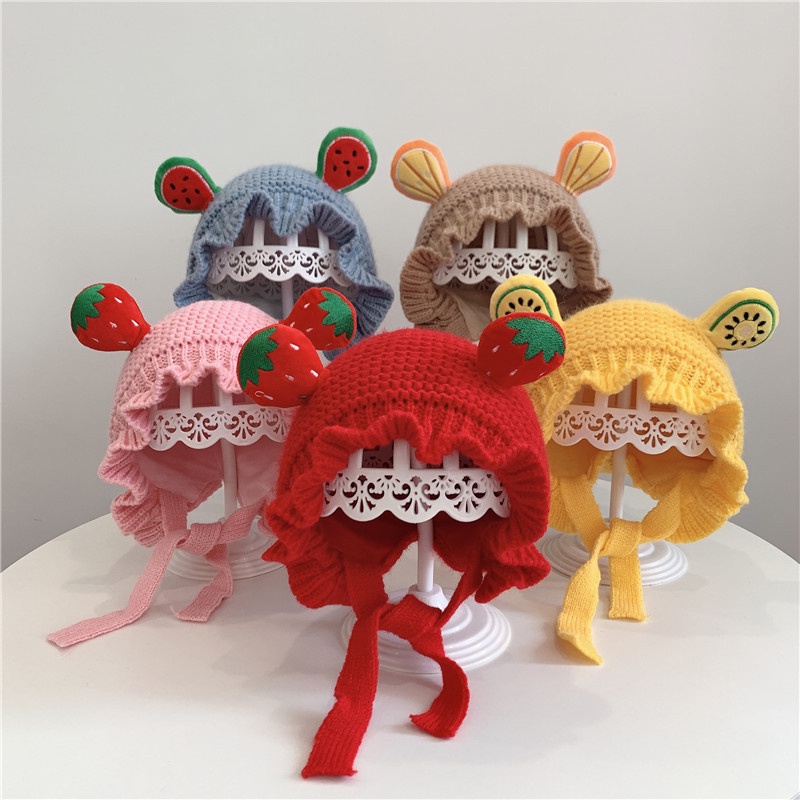 Mũ Beanie Đan Len Màu Trơn In Họa Tiết Trái Dâu Tây Dễ Thương Thời Trang Thu Đông Cho Bé Gái