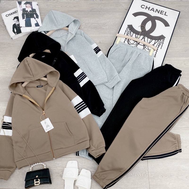 [ 𝐅𝐑𝐄𝐄 𝐒𝐇𝐈𝐏 ] Set thể thao mũ khoá sọc tay túi bụng hot hit Vải nỉ tàu dày dặn, chạy rót nổi chuẩn mẫu