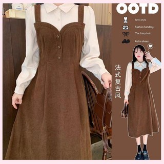 váy babydoll đầm công chúa Đầm Giả Hai Mảnh Vải Nhung Phong Cách Mới Ngọt Ngào Thời Trang Thu Đông Cho Nữ