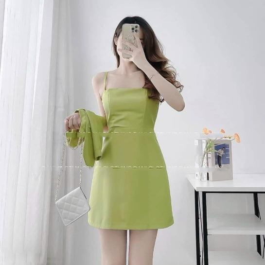 SÉT 70111, SÉT ĐẦM DÂY KÈM ÁO KHOÁC TAY NGẮN, VẢI FOR MỀM.