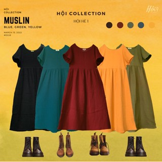 Váy Babydoll Vintage Xòe Rộng Tay Ngắn Cổ Tròn Tối Giản Xô Muslin Vui Hè Mát Nhẹ Nhàng