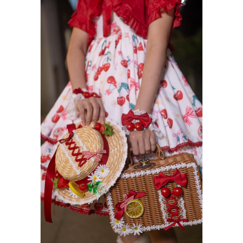 ⚡PHỤ KIỆN LOLITA ⚡ Mũ cói rộng vành và giỏ mây nhựa đính nơ/hoa/dâu tây ... phối ren phong cách Lolita nhật bản cho nữ