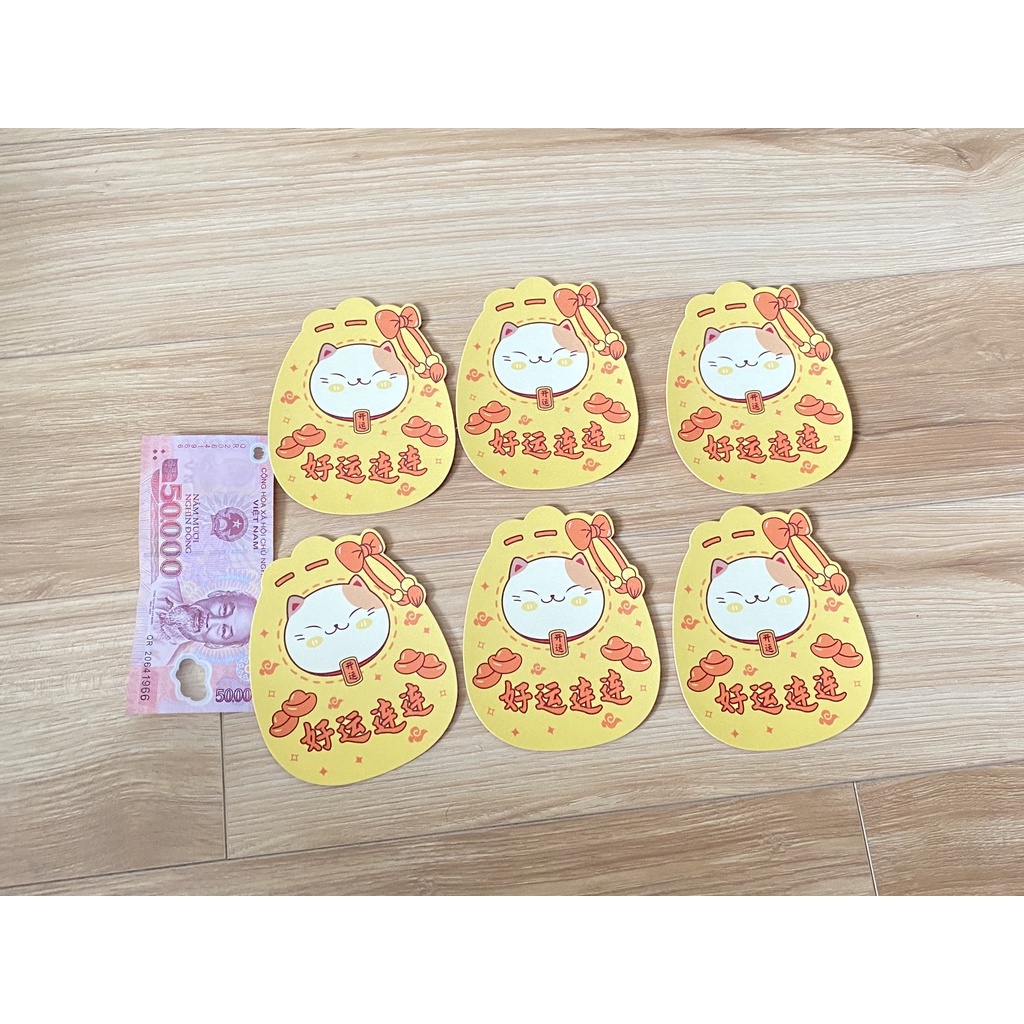 Combo 6 bao lì xì tết - Bao lì xì ép nhũ kim cao cấp mèo thần tài Vàng Kim - có sẵn tại HCM