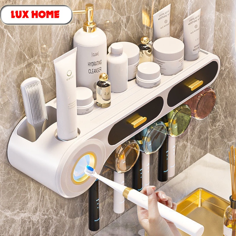 Bộ nhả kem đánh răng tự động, Kệ để đồ phòng tắm cao cấp LUXHOME kèm miếng dán