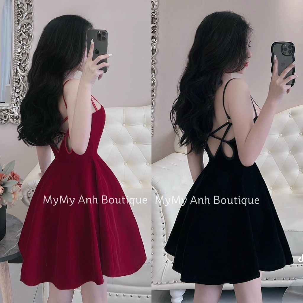 Đầm nhung 2 dây xoè đan sau