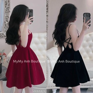 Đầm nhung 2 dây xoè đan sau