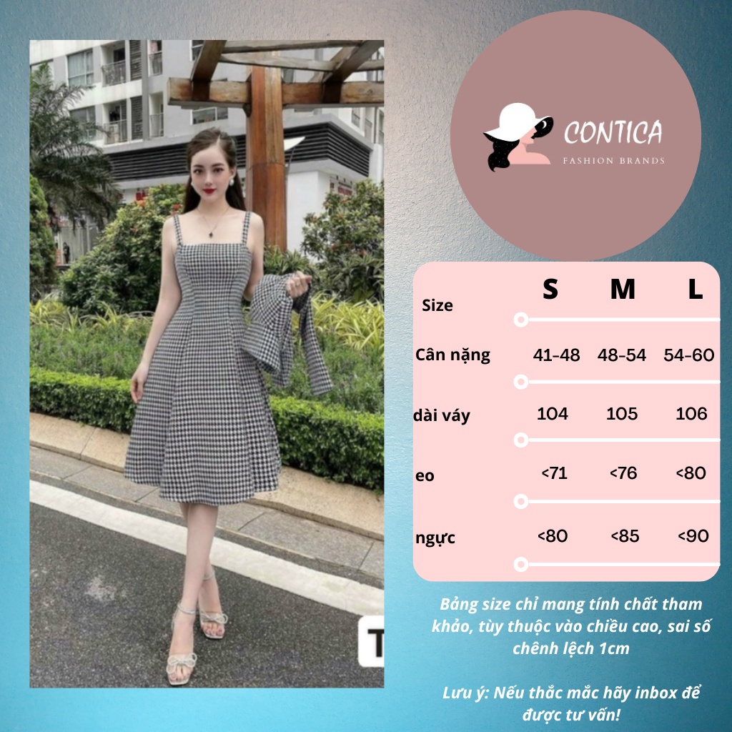 Sét đầm caro nữ 2 dây from dài dáng xòe sang chảnh kèm áo khoác ngoài, hàng thiết kế