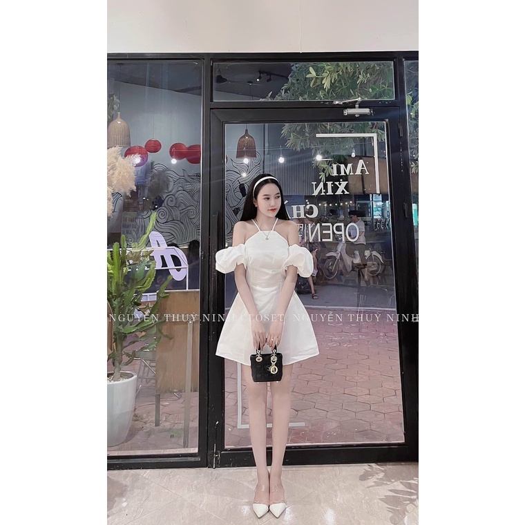 Đầm nữ thời trang mặc đi tiệc chất cotton lạnh trễ vai tay búp phồng dây cổ váy chữ A đi tiệc xinh xắn