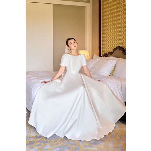 Ms1343YĐẦM NÀNG DÂU CỔ THUYỀN XẺ TIM NƠ LƯNG  ( đầm, nơ kèm 2 đuôi nơ dài ) full size s/M/L//XL