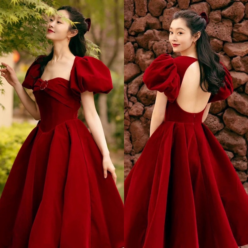 ĐẦM MIDI NHUNG XOÈ ĐỎ KHOÉT LƯNG