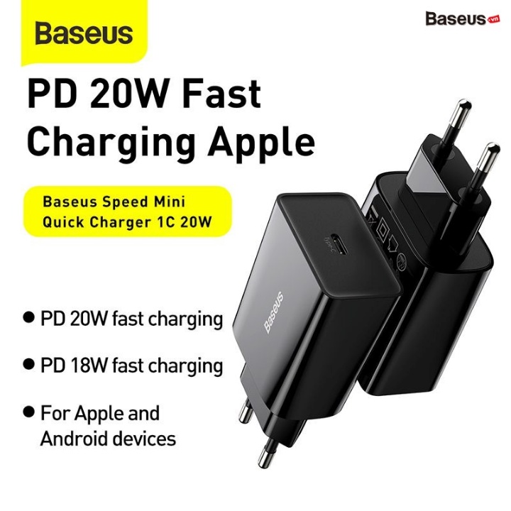 Củ sạc nhanh Baseus U+C 20W, Củ sạc nhanh (PD/ QC/ PPS/ SCP/ FCP Multi Quick Charge - Bảo hành 12 tháng