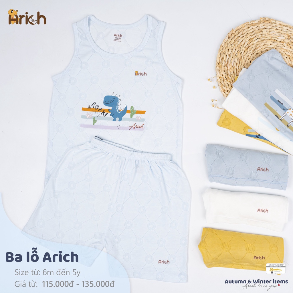 Bộ ba lỗ chất liệu vải sợi tre nhà Arich 2023 mềm, mịn thoáng mát cho bé trai, bé gái từ 6 tháng đến 5 tuổi