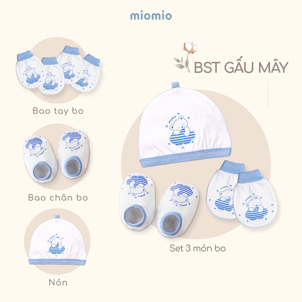 Bao Tay, Chân Bo, Nón, Set 3 Món Bo Sơ Sinh MIOMIO, Họa tiết: Gấu Mây, Teddy, Ngôi Sao, Gà, Hươu, Nai cho Bé, Vải Cotton