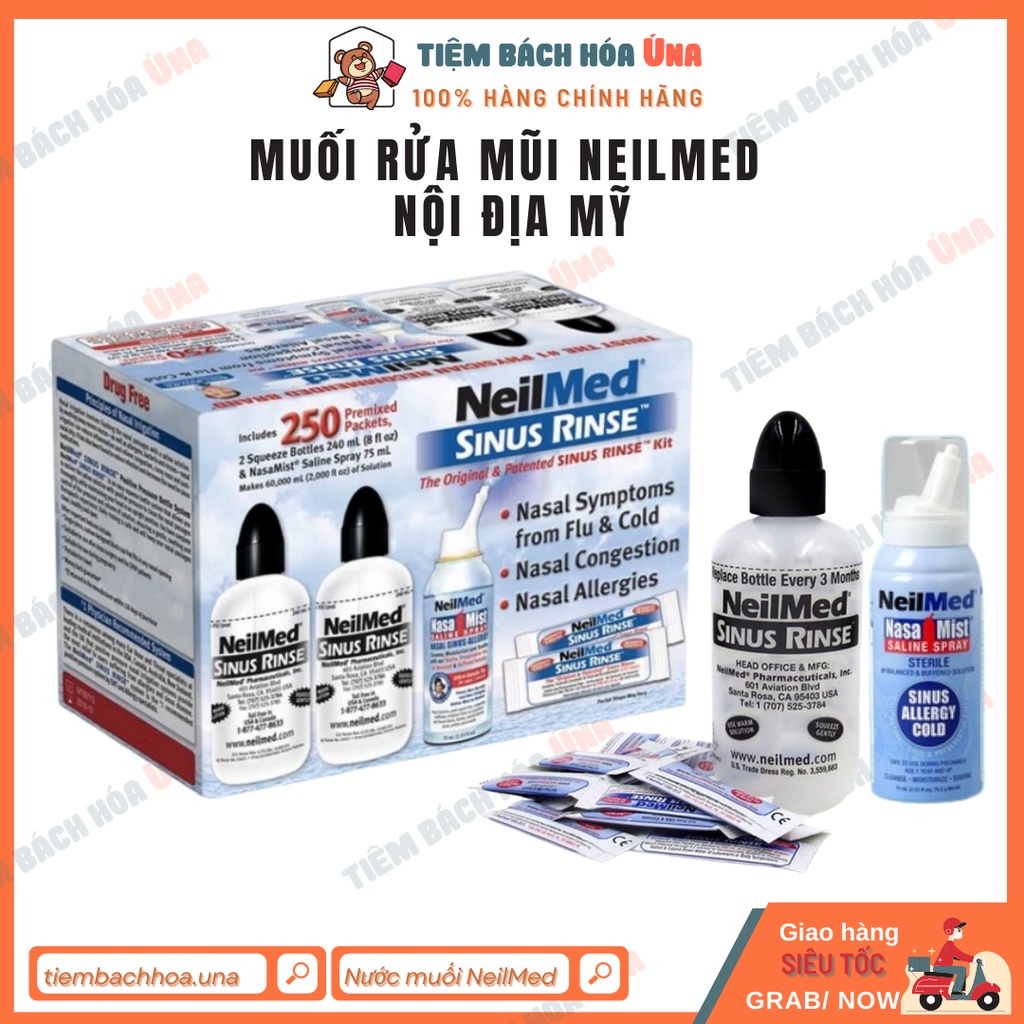 Gói muối rửa mũi Neilmed nội địa Mỹ và bình Rửa Mũi 240ml