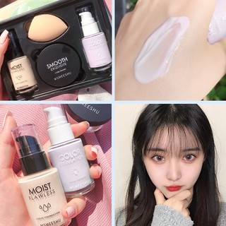 Bộ 4 mỹ phẩm trang điểm gồm kem nền + phấn phủ + phấn phủ + bông mút trang điểm 35ml + kem lót 35ml + phấn 4.5g + phấn
