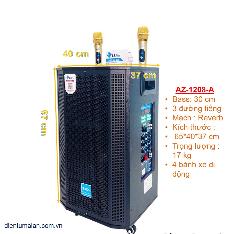 Loa kéo chính hãng AZPRO , AZ-1208-A bass 30-3 đường tiếng mẫu mới 10 núm chỉn- REVERB,Tặng 2 mic