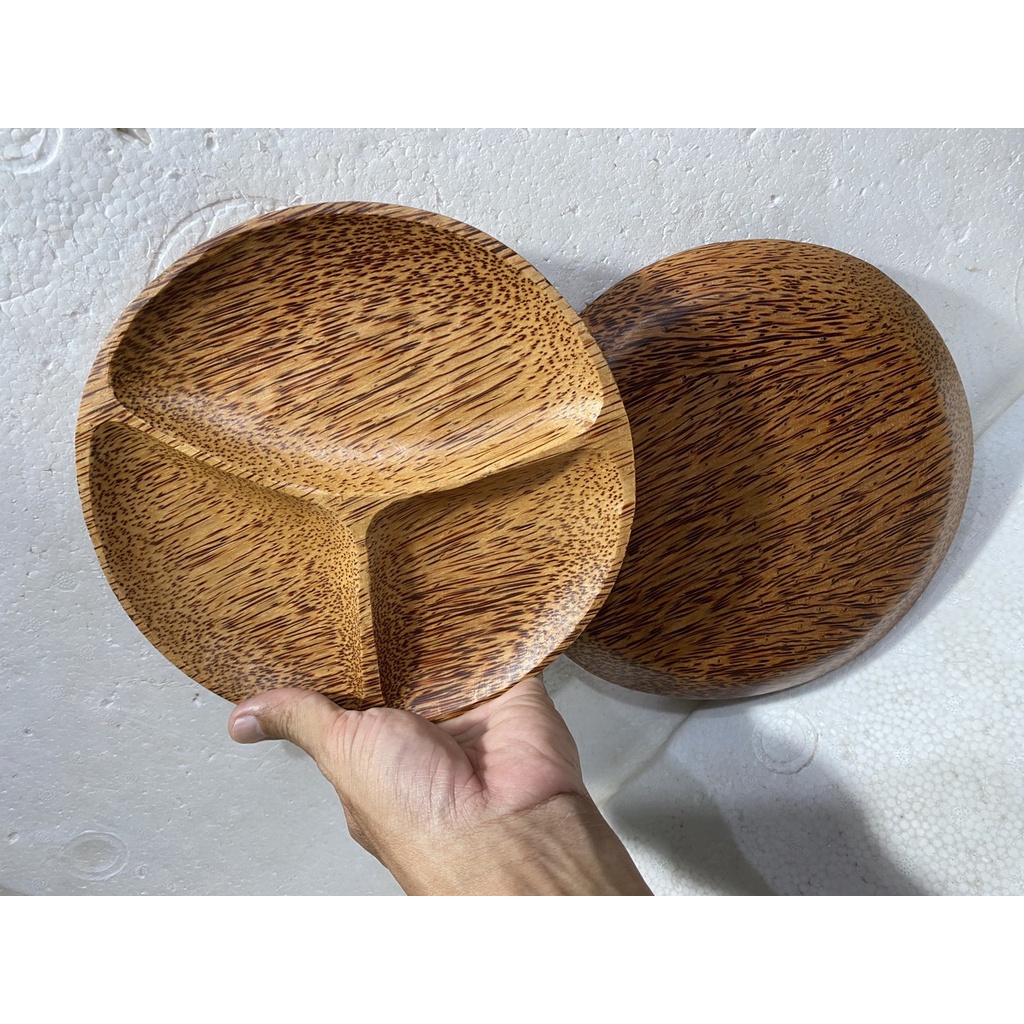 ĐĨA TRÒN 3 NGĂN GỖ DỪA - KHAY GỖ 3 NGĂN HÌNH TRÒN THIÊN NHIÊN DÙNG LÀM DECOR CHỤP ẢNH